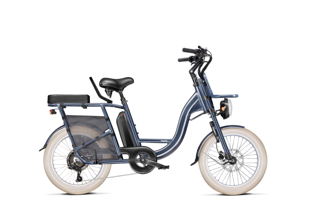 Vélo cargo électrique, le GAYA compact équipé couleur bleu.