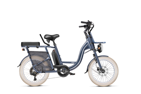 Vélo cargo électrique, le GAYA compact équipé couleur bleu.